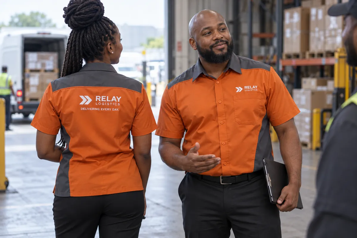 Two warehouse staff in matching orange shirts with grey shoulder panels and a company logo on the chest